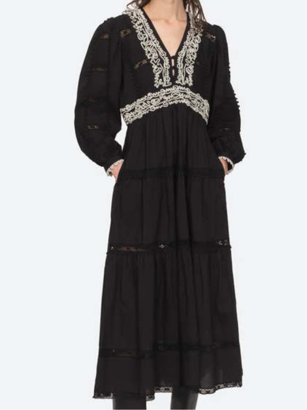 Sea New York Black Maxi Dress with Cream Embroidery NWT Large